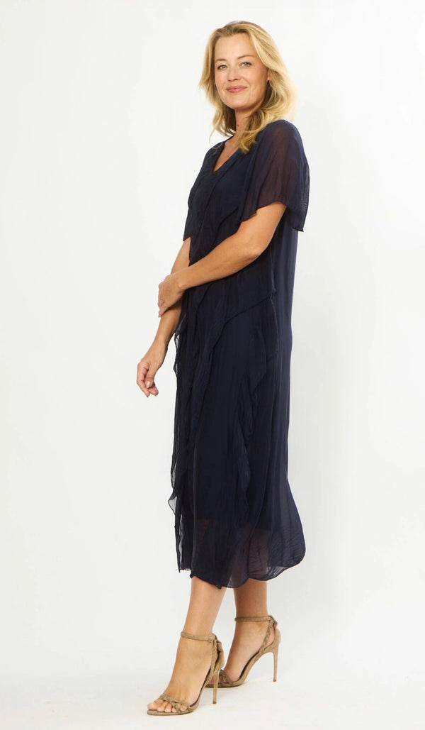 Silk Blend Multi Frill Navy Dress