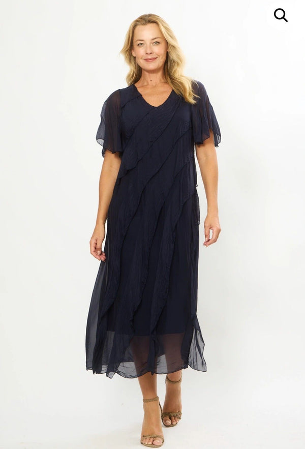 Silk Blend Multi Frill Navy Dress