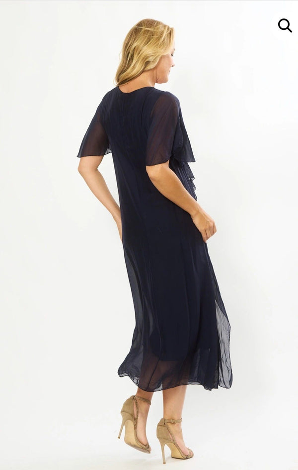 Silk Blend Multi Frill Navy Dress