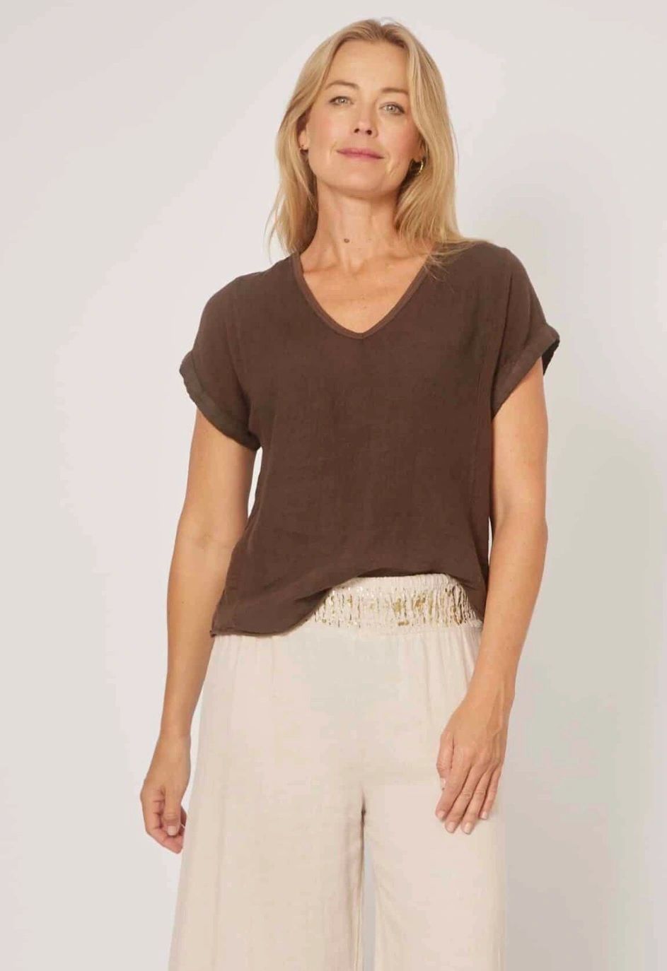 Cotton/Linen V Neck Top Ass Colours