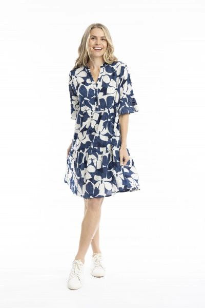 One Summer Maya ButtonV Neck Layer Navy Flowers Dress Main image