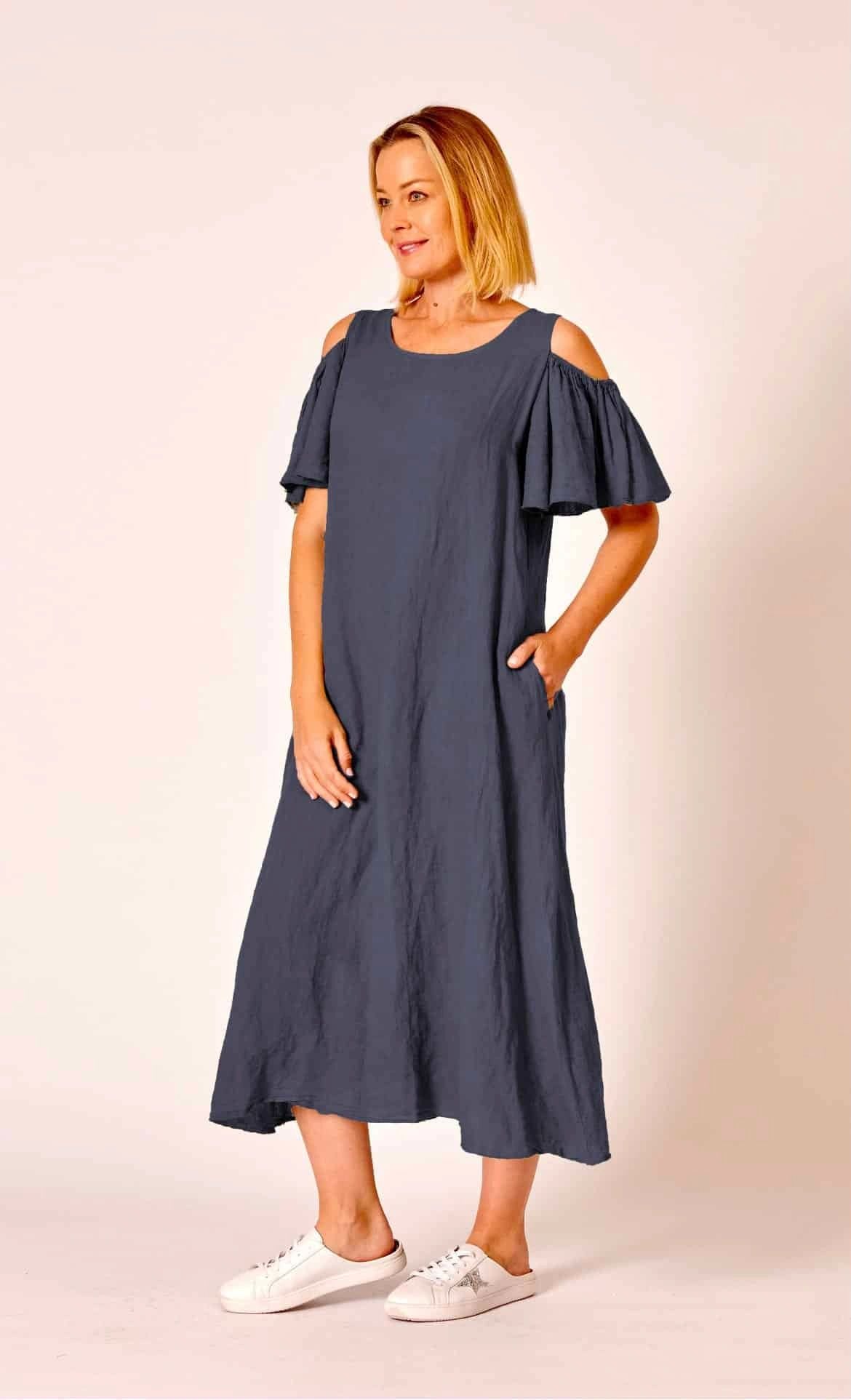 Linen Cold Shoulder Dress Asst Colours