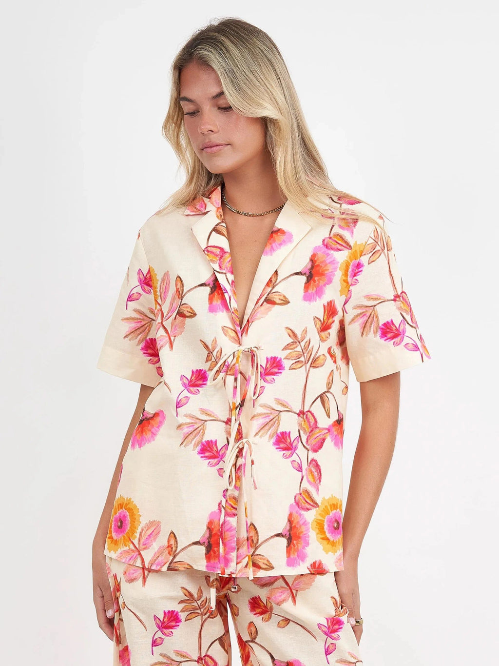Tie V Neck Print Set