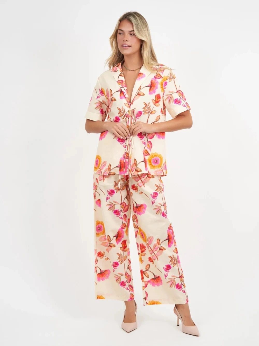 Tie V Neck Print Set