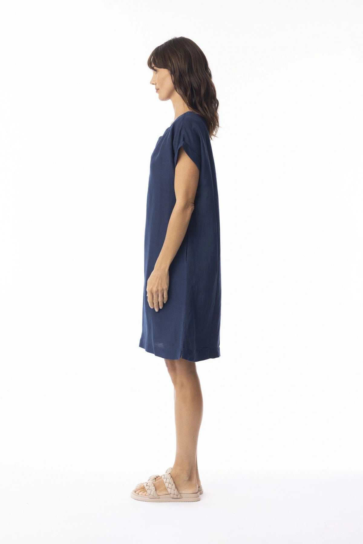 Linen Solid Navy Shift Cap Dress