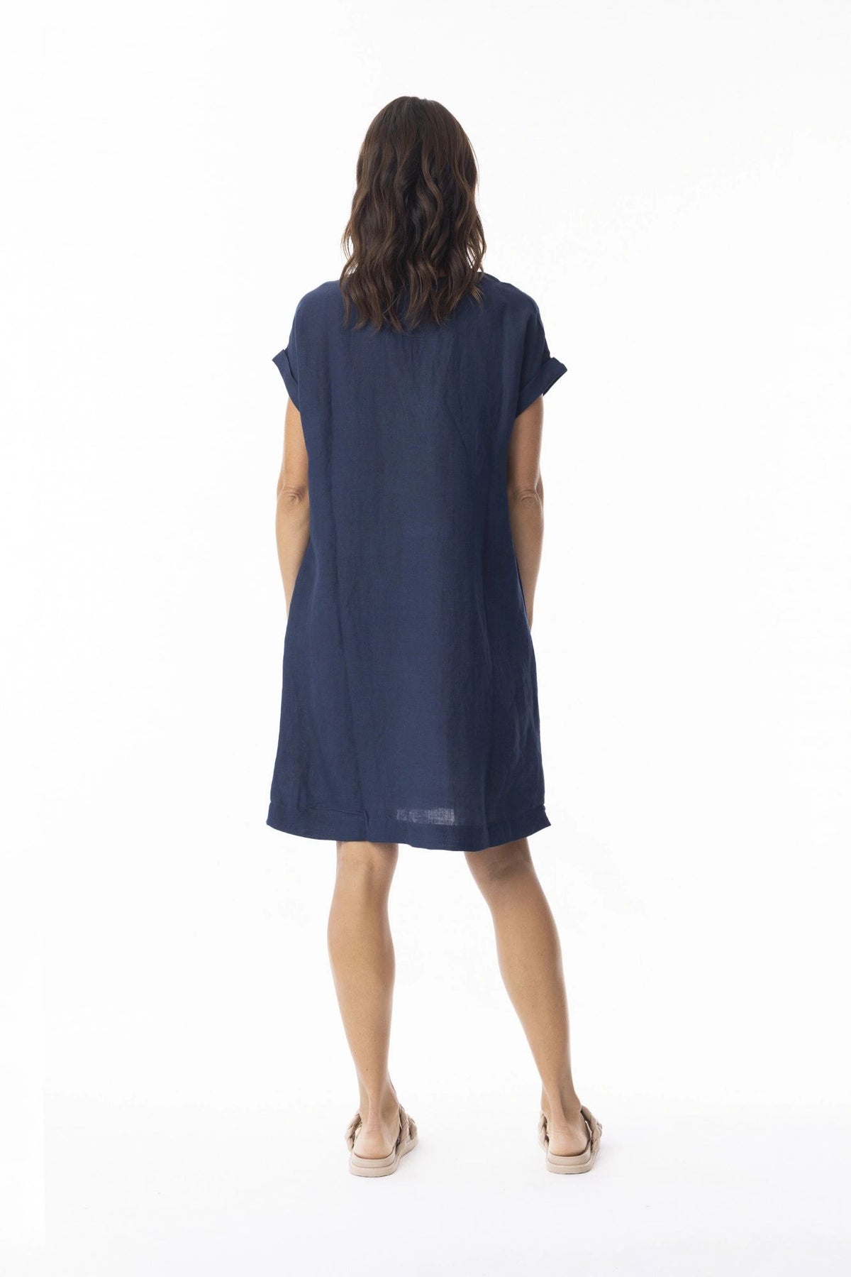 Linen Solid Navy Shift Cap Dress