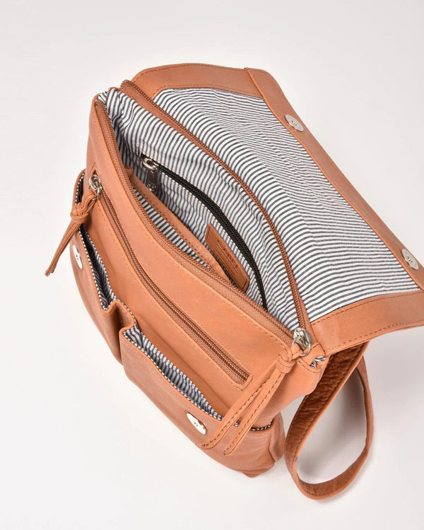 Gabee Ava Leather Tan Flap Over Crossbody Bag