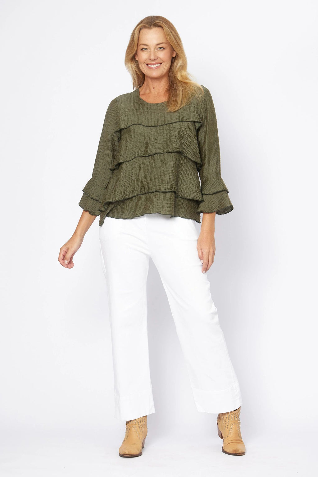 White Cuff Cotton Pants with Belt
