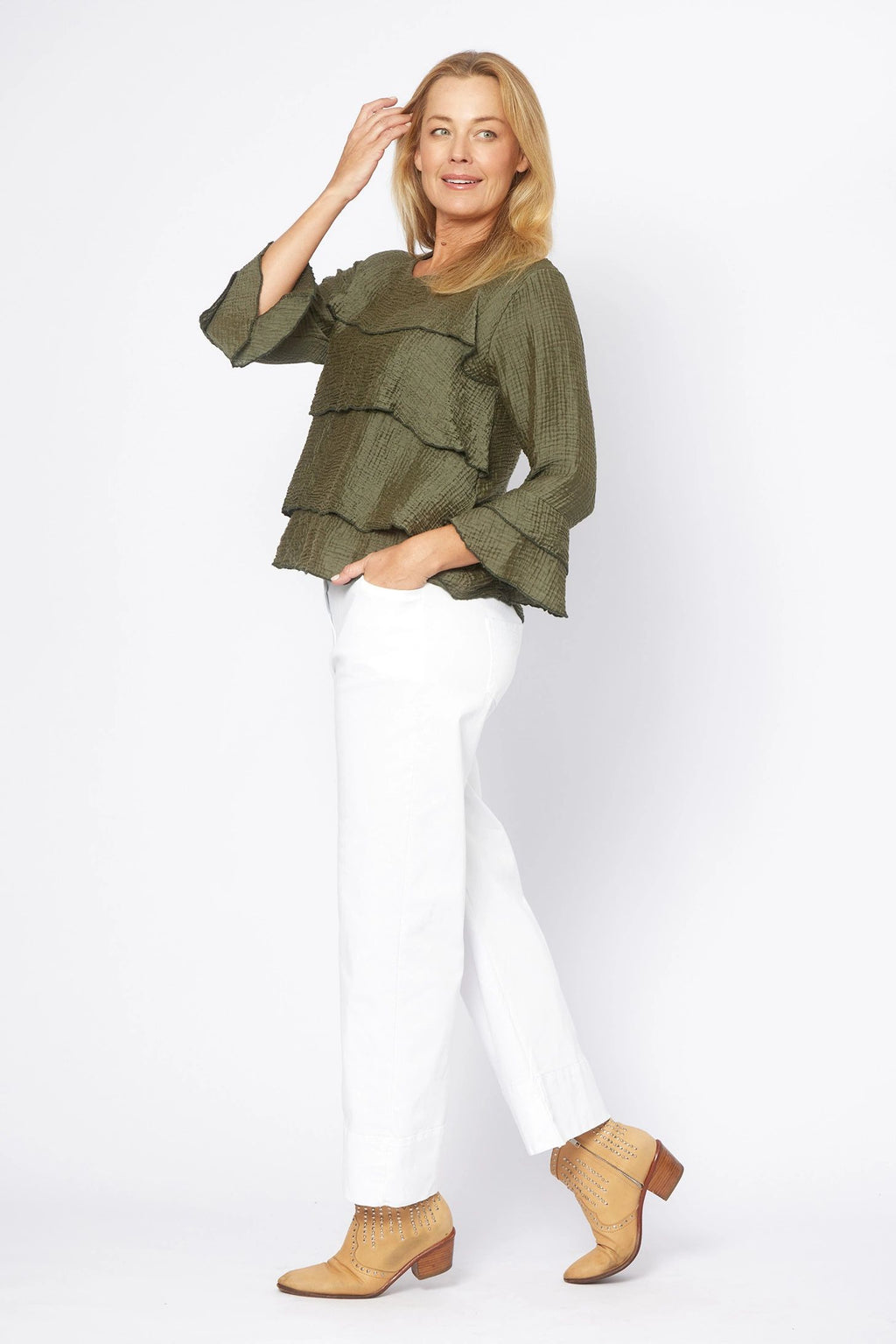White Cuff Cotton Pants with Belt