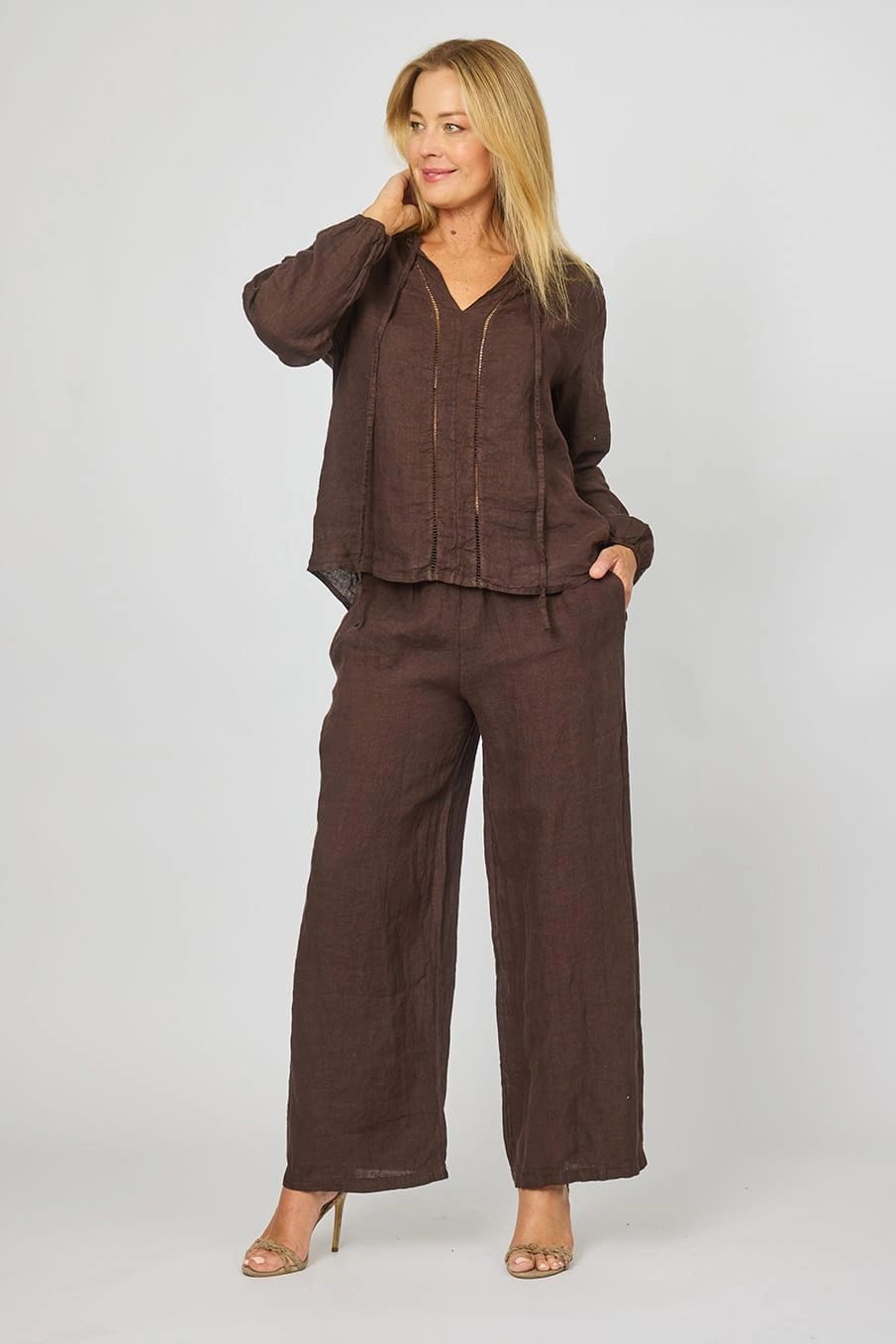 Linen Chocolate Tie Up Shirt Main image