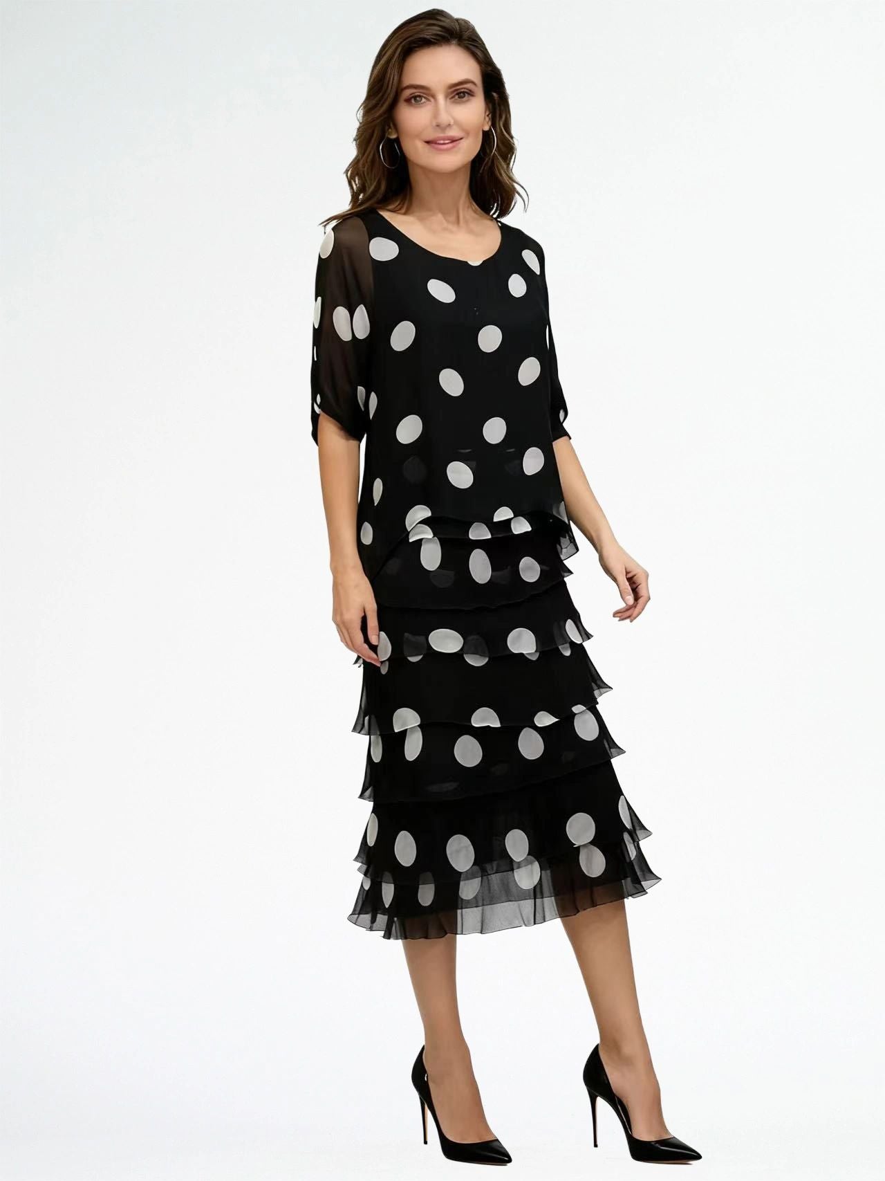 White and Black Spot Layered Silk Dress Secondary image