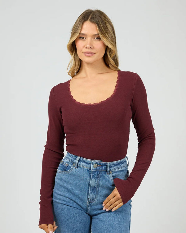 Washed Rib Scoop Neck Long Sleeve Top