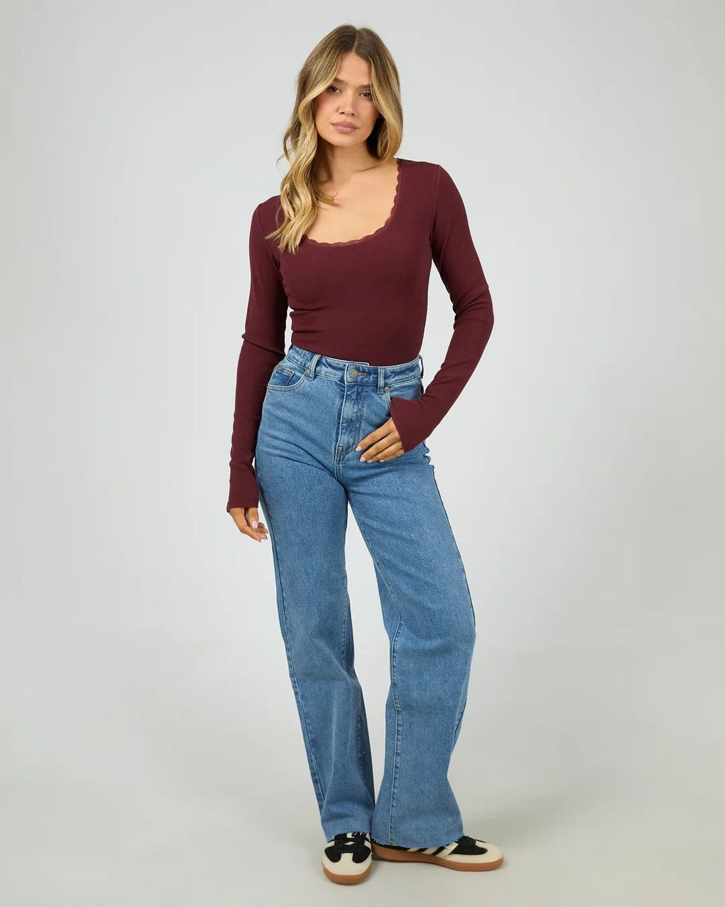 Washed Rib Scoop Neck Long Sleeve Top