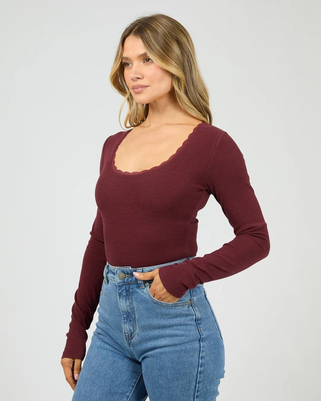 Washed Rib Scoop Neck Long Sleeve Top