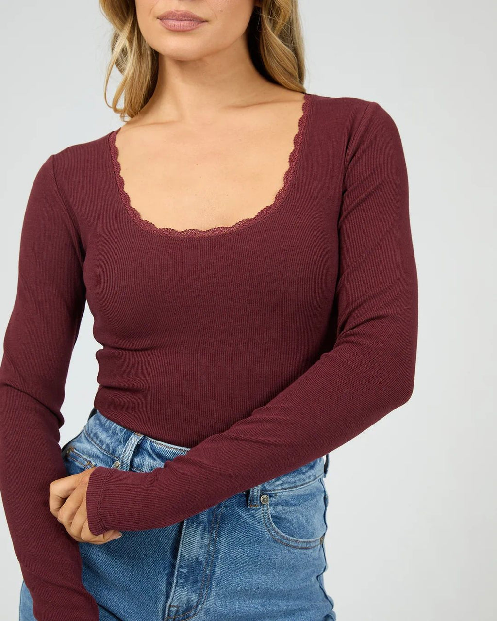Washed Rib Scoop Neck Long Sleeve Top