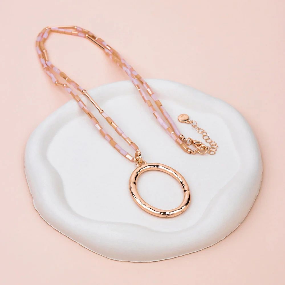 Rose Gold Oval Pendant with Pink Quartz Long Necklace Main image