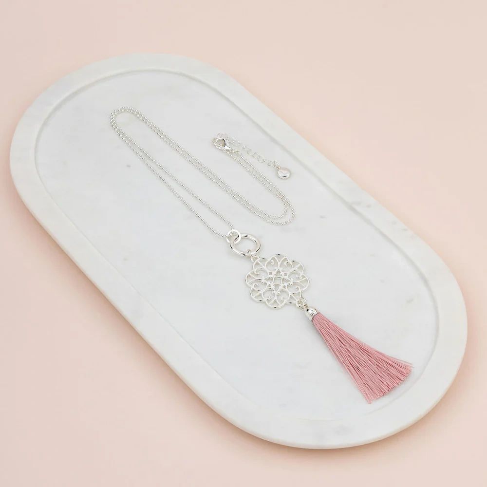 Silver Scroll with Pink Tassel Necklace Secondary image