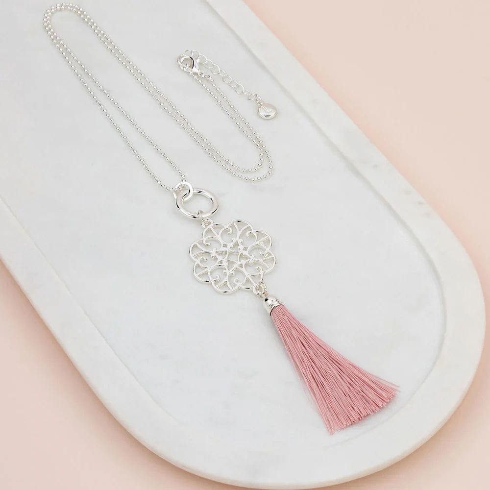 Silver Scroll with Pink Tassel Necklace