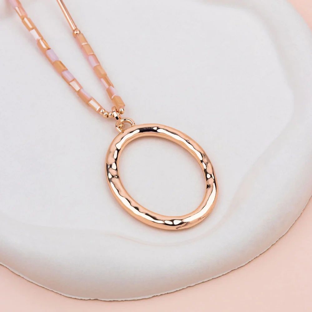 Rose Gold Oval Pendant with Pink Quartz Long Necklace