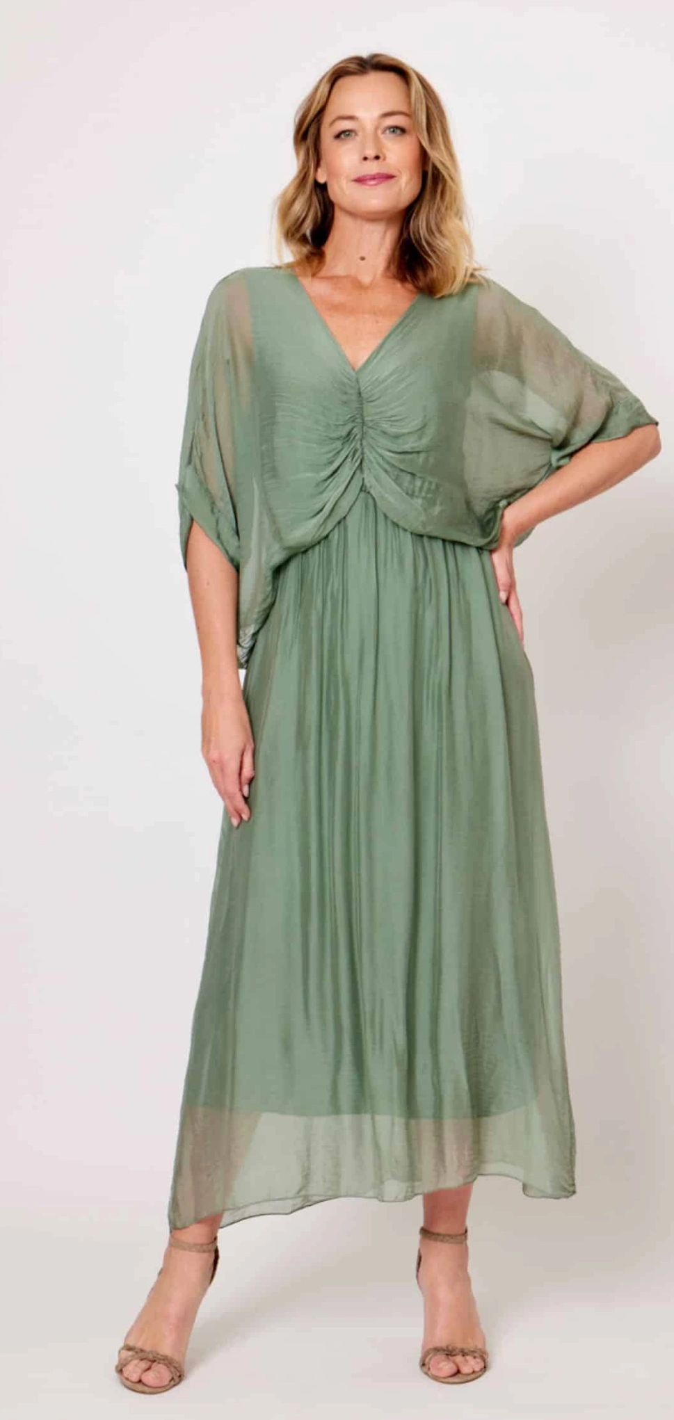 Ruched Bodice Silk Blend Flowy Dress Asst Colours