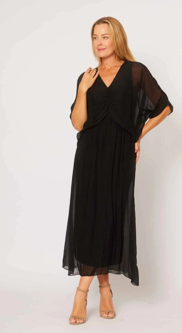Ruched Bodice Silk Blend Flowy Dress Asst Colours