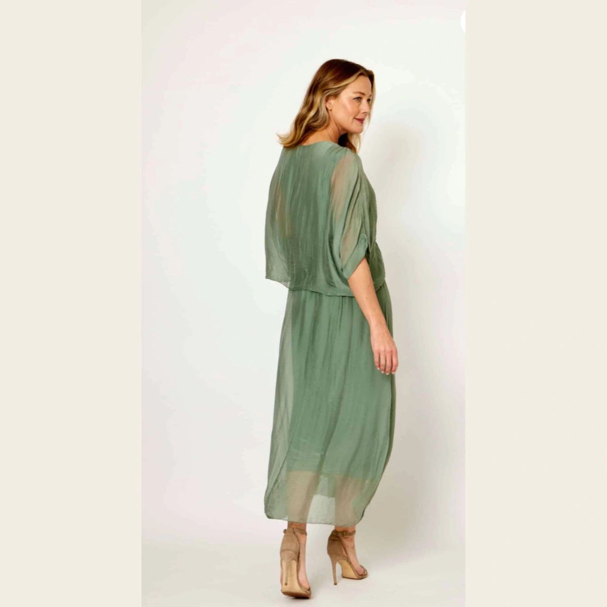 Ruched Bodice Silk Blend Flowy Dress Asst Colours