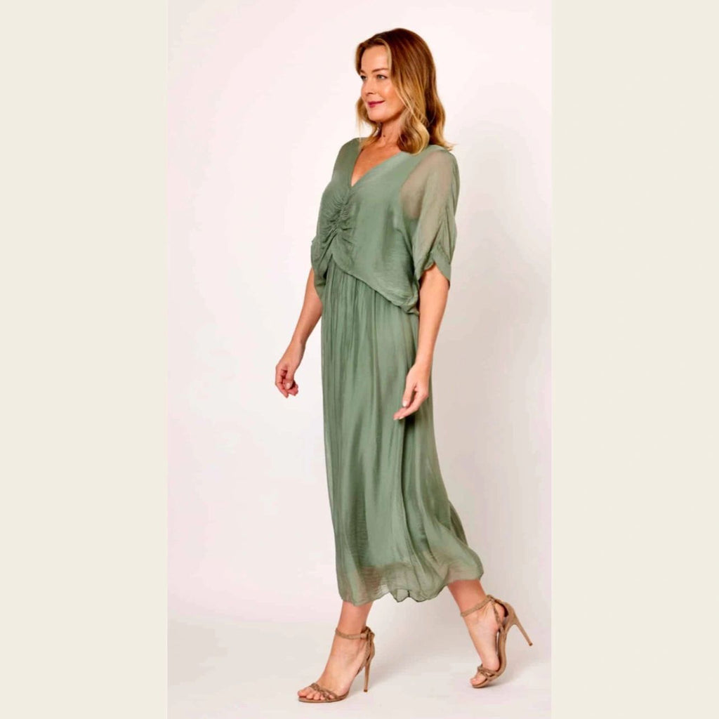 Ruched Bodice Silk Blend Flowy Dress Asst Colours