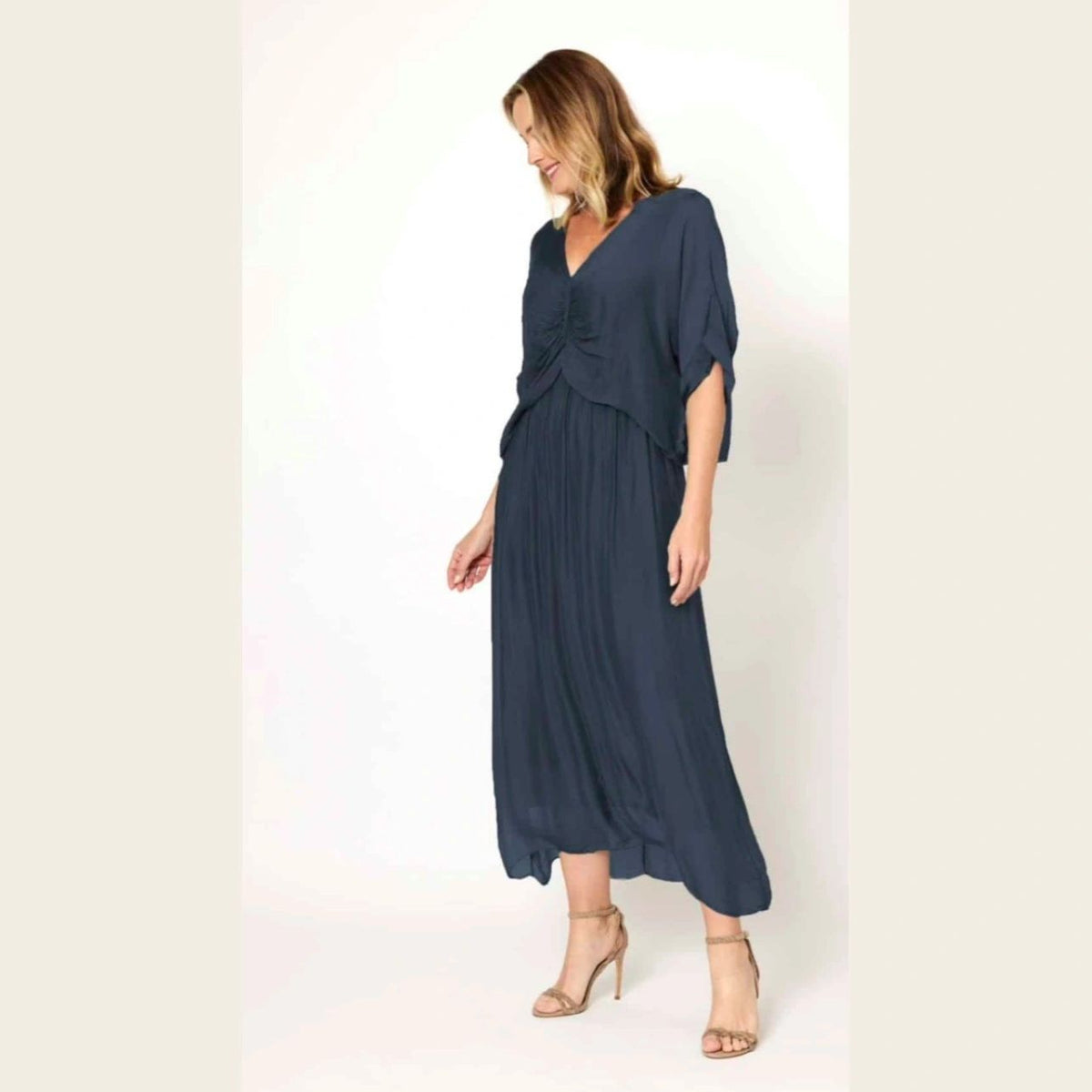 Ruched Bodice Silk Blend Flowy Dress Asst Colours