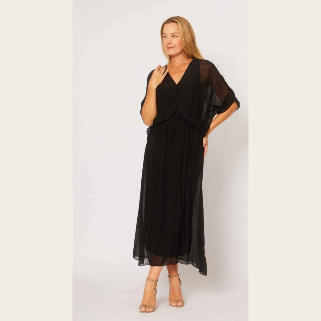 Ruched Bodice Silk Blend Flowy Dress Asst Colours