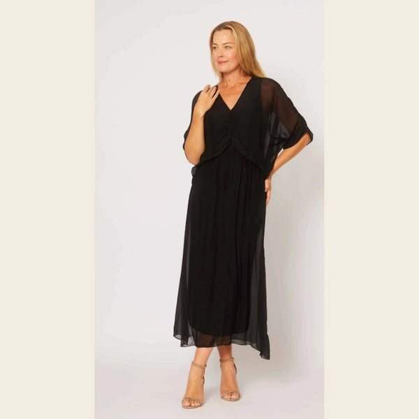 Ruched Bodice Silk Blend Flowy Dress Asst Colours