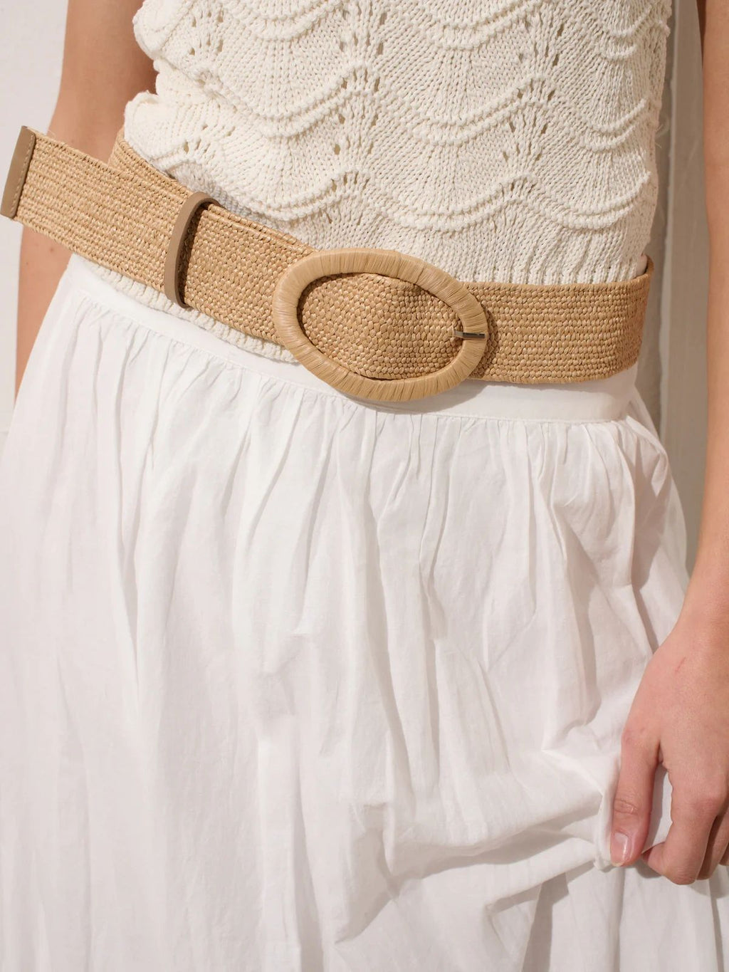 Woven Oval Buckle Straw Belt Tan