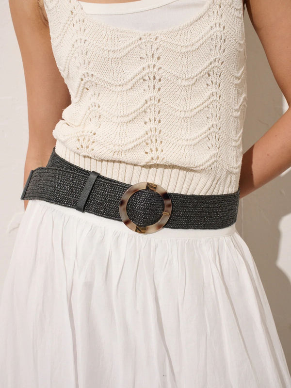 Acrylic Round Buckle Straw Belt Black