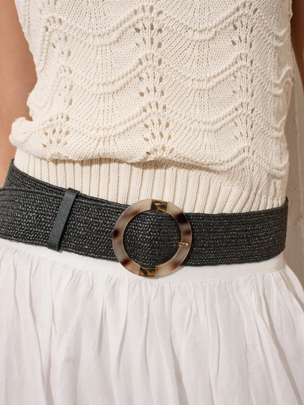 Acrylic Round Buckle Straw Belt Black