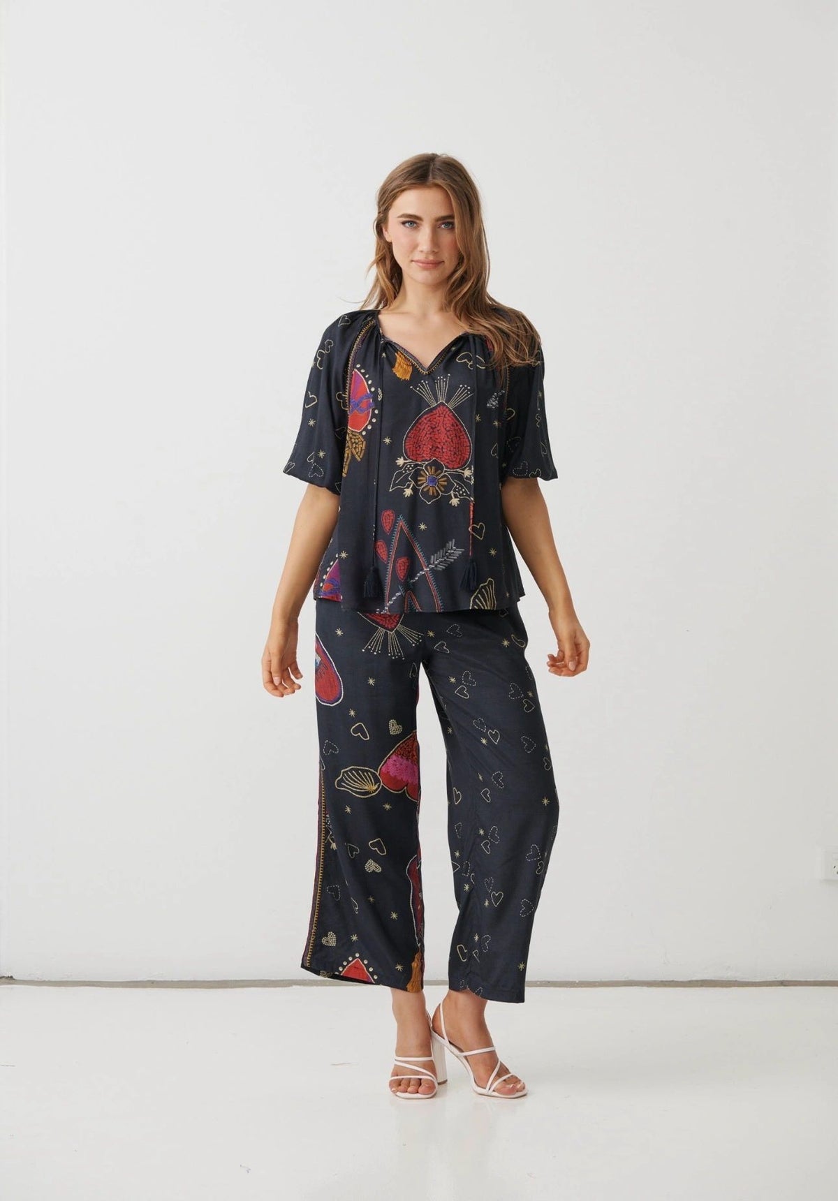 Holmes & Fallon Mystic Hearts Print Blouse with Tassel Ties Main image