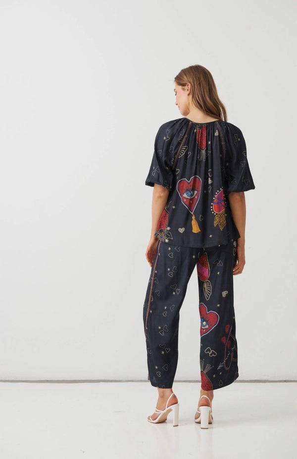 Holmes & Fallon Mystic Hearts Print Blouse with Tassel Ties