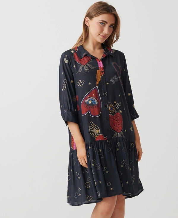 Holmes & Fallon Mystic Hearts Print Drop Waist Collared Dress