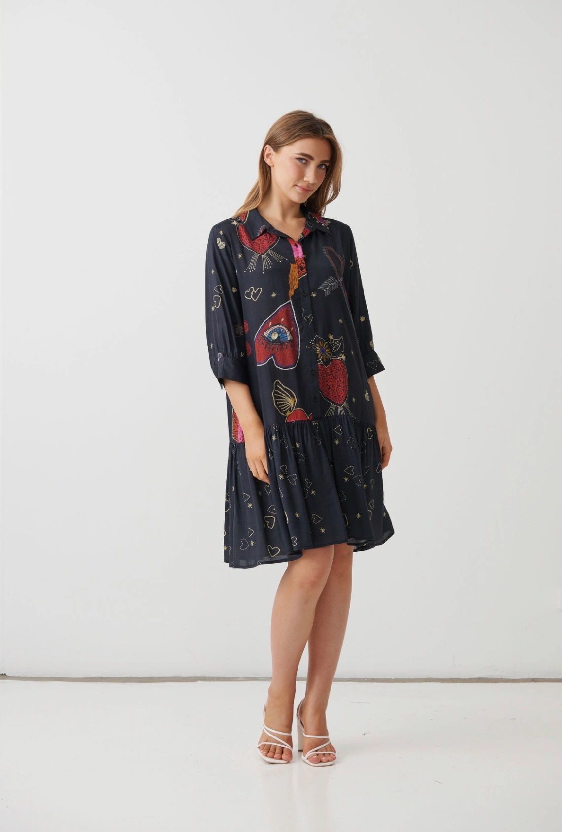 Holmes & Fallon Mystic Hearts Print Drop Waist Collared Dress