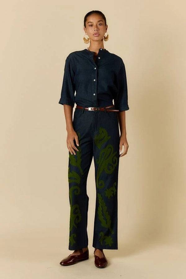 Rubyyaya Carmi Paisley Embroidered Denim Jeans