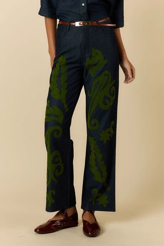 Rubyyaya Carmi Paisley Embroidered Denim Jeans