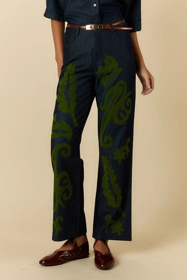 Rubyyaya Carmi Paisley Embroidered Denim Jeans