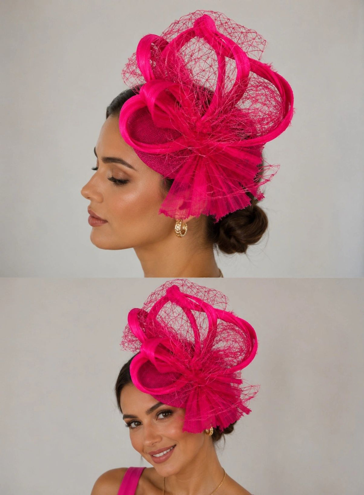 Hot Pink Silk Abica and Mesh Headpiece