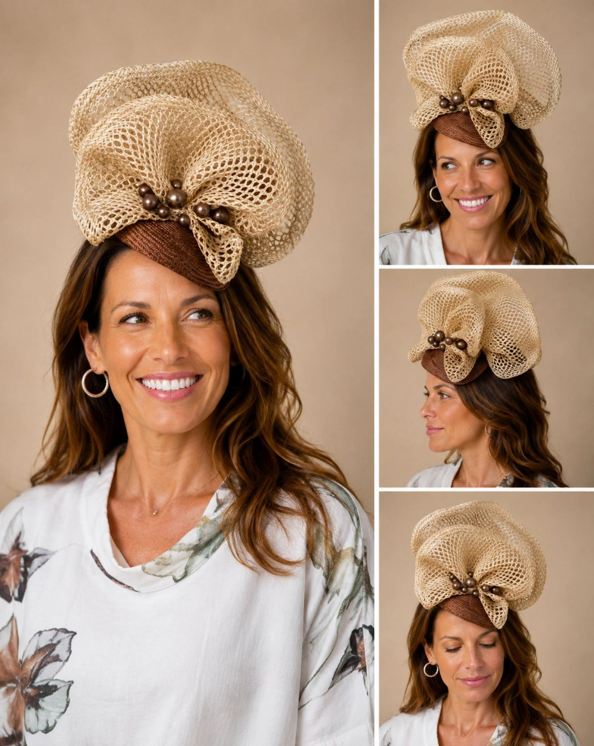 Natural Rattan Mesh Frill and Pearls on Rose Gold Headpiece Main image