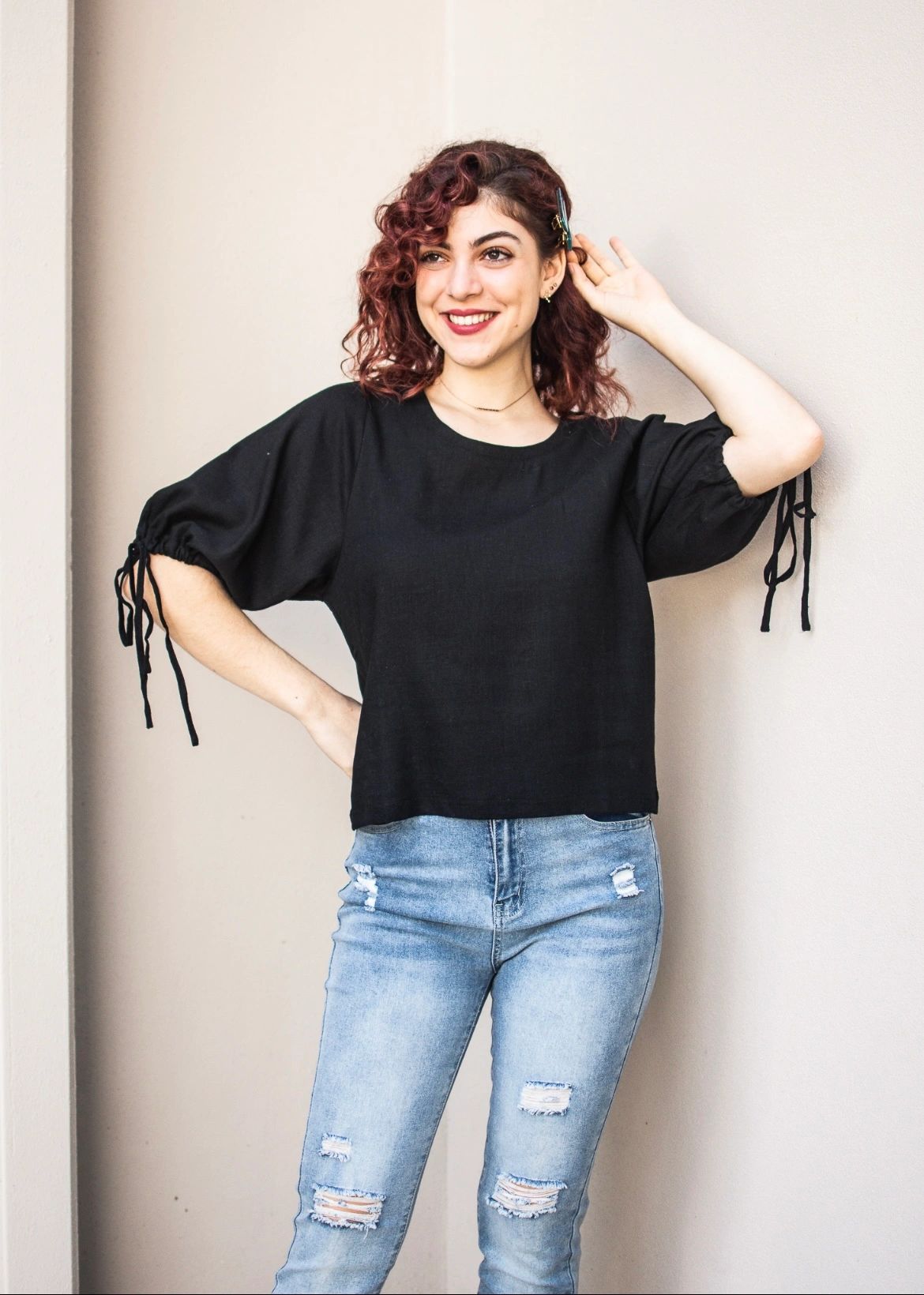 Linen Blend Top - Chocolate/Winter White/Black