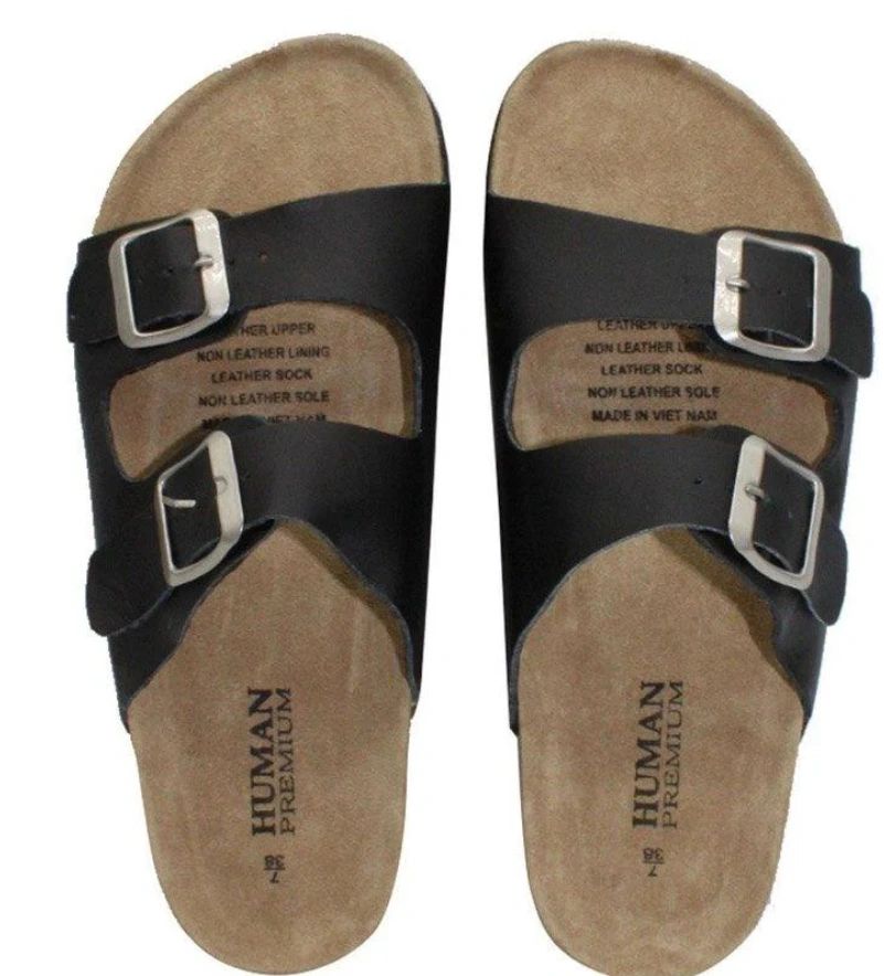 Human Black Leather Slides
