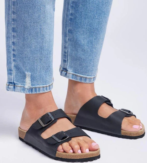Human Black Leather Slides