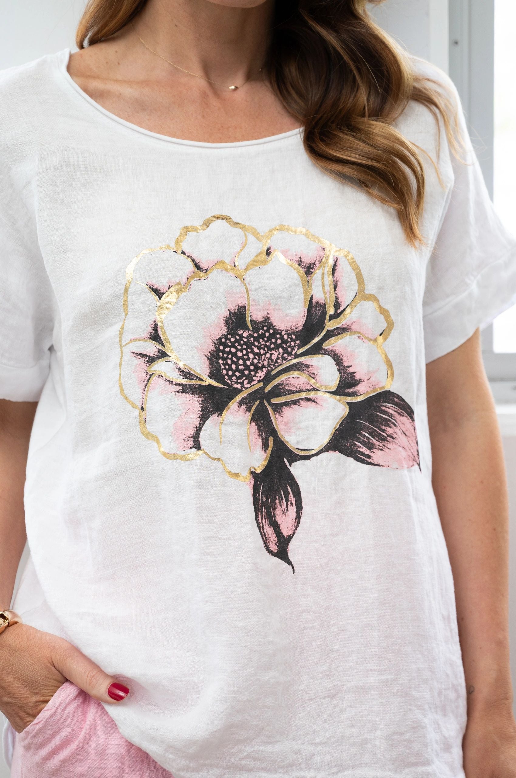 Pink/Gold Floral Italian Linen Top Secondary image