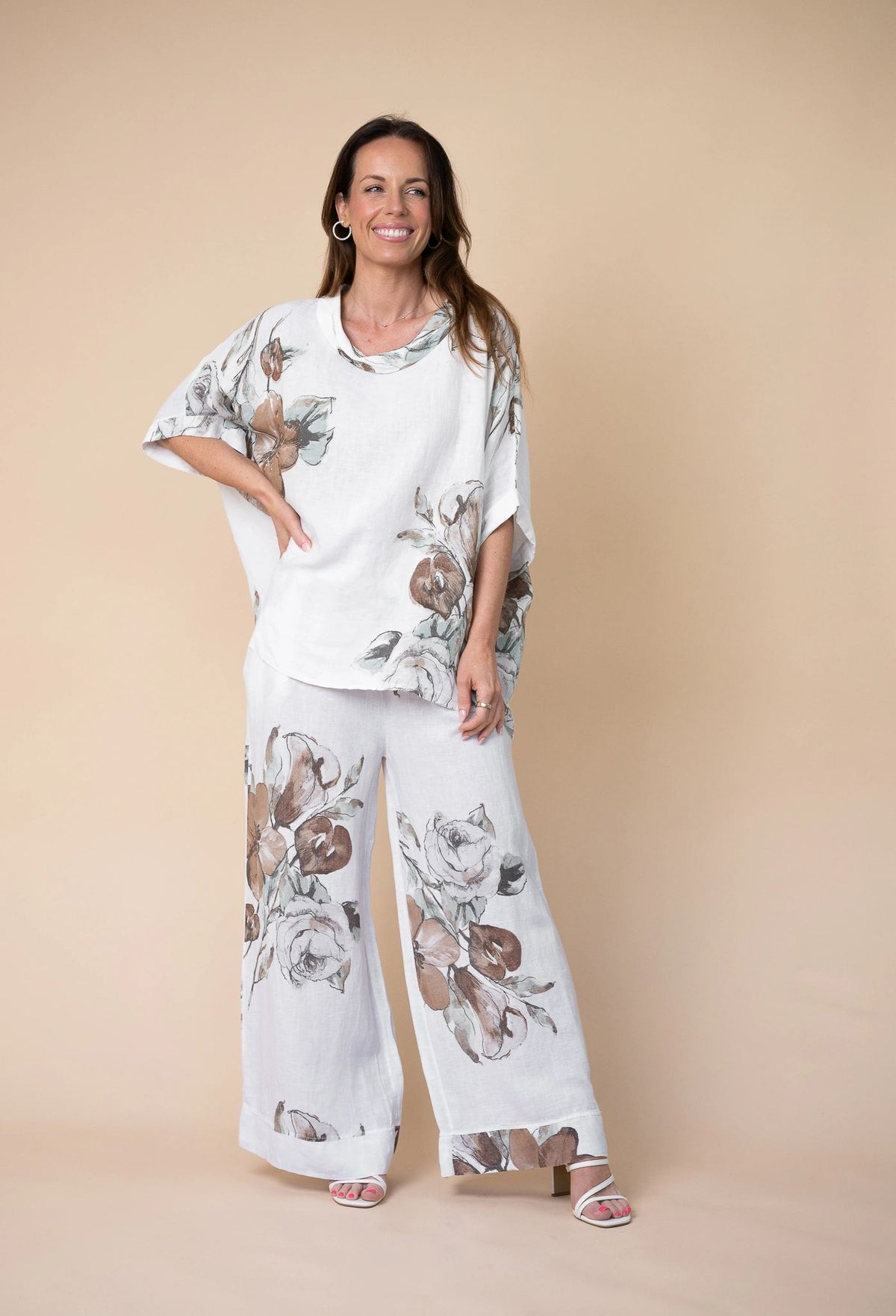 Italian Linen Floral Cow Neck Top White/Choc