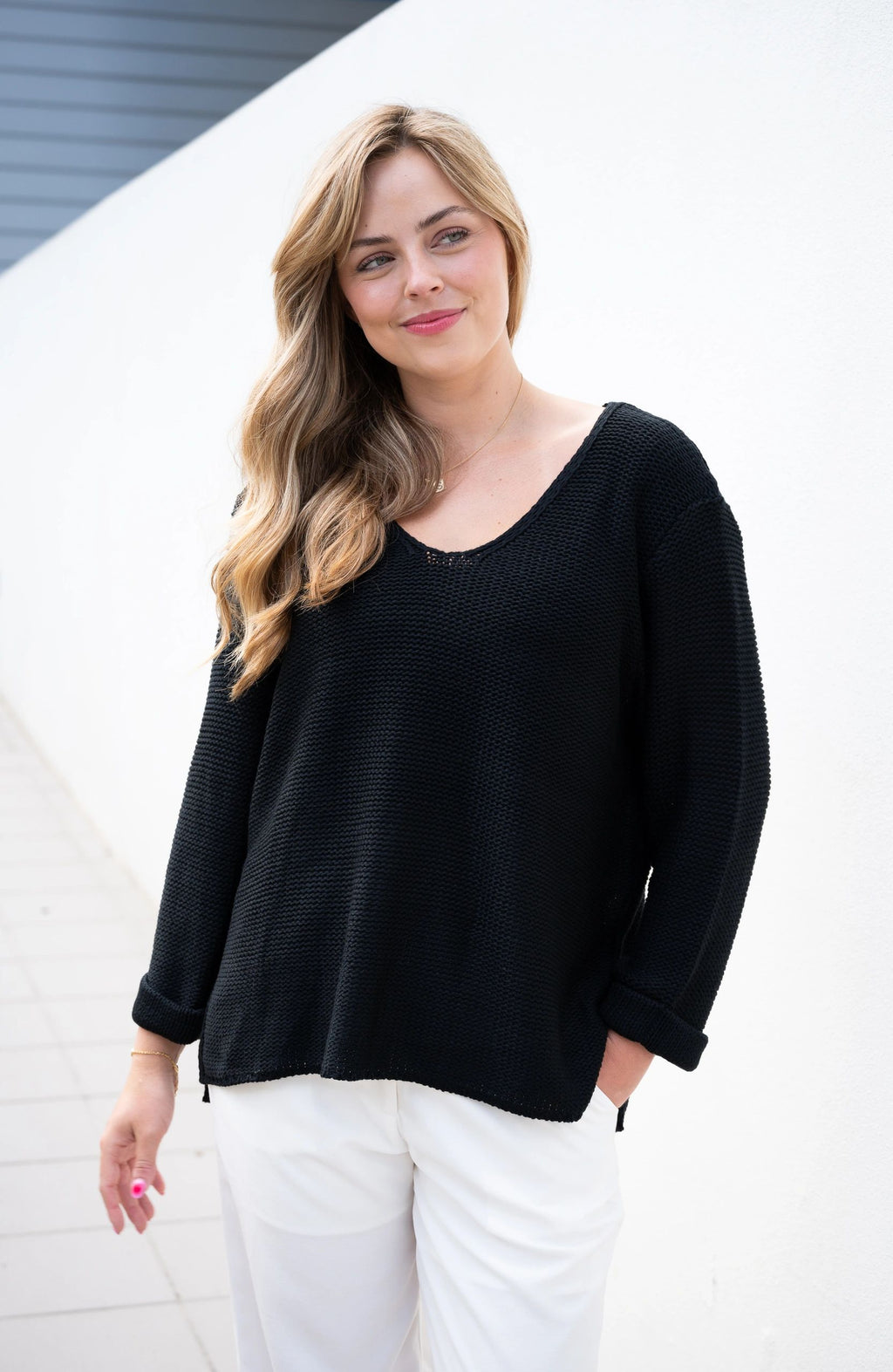 Roll Up Sleeve Black Knit Top