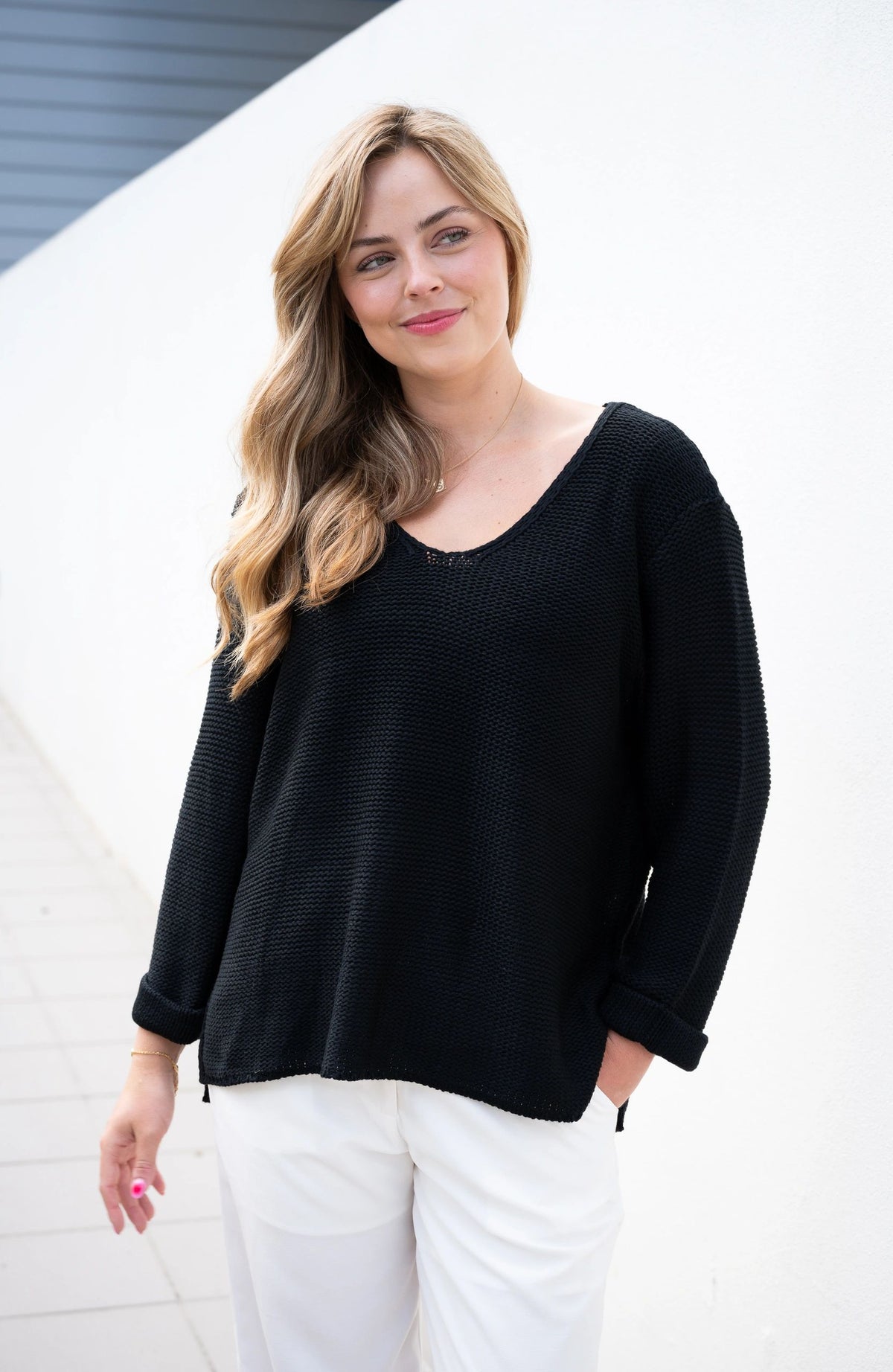 Roll Up Sleeve Black Knit Top Main image