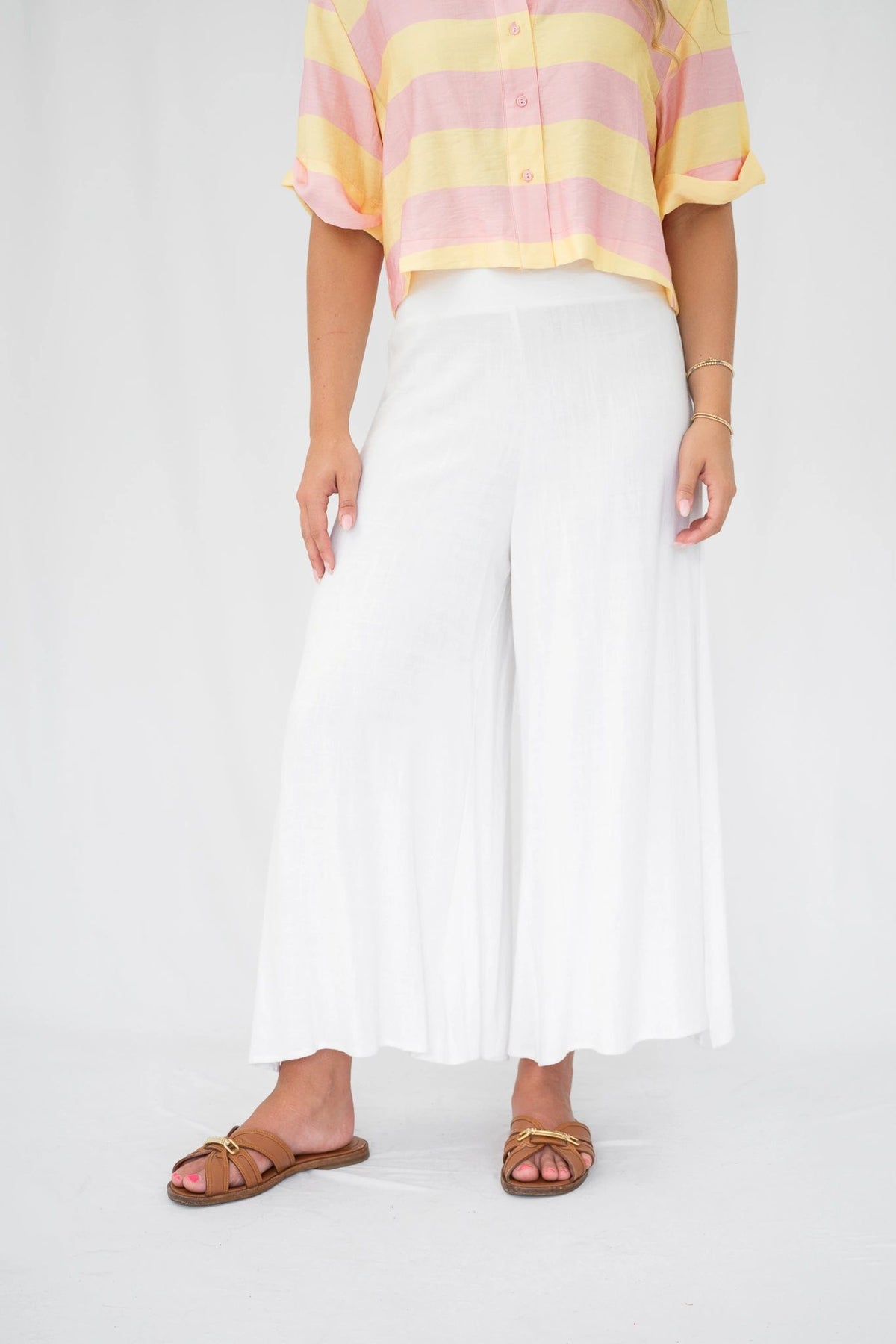 Linen Blend Wide Leg White Pants Side Split